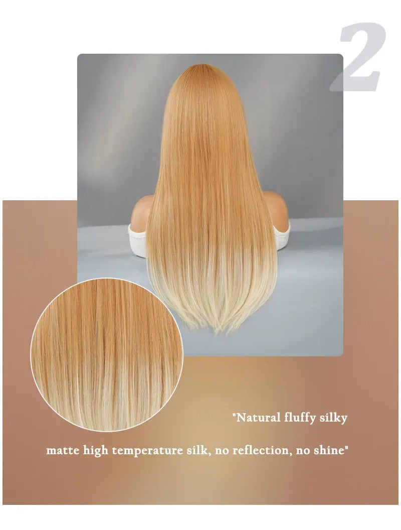 Synthetic hair wig with long straight hair, bangs, middle part, and highlight gray color. Perfect for women, cosplay, and drag queens.