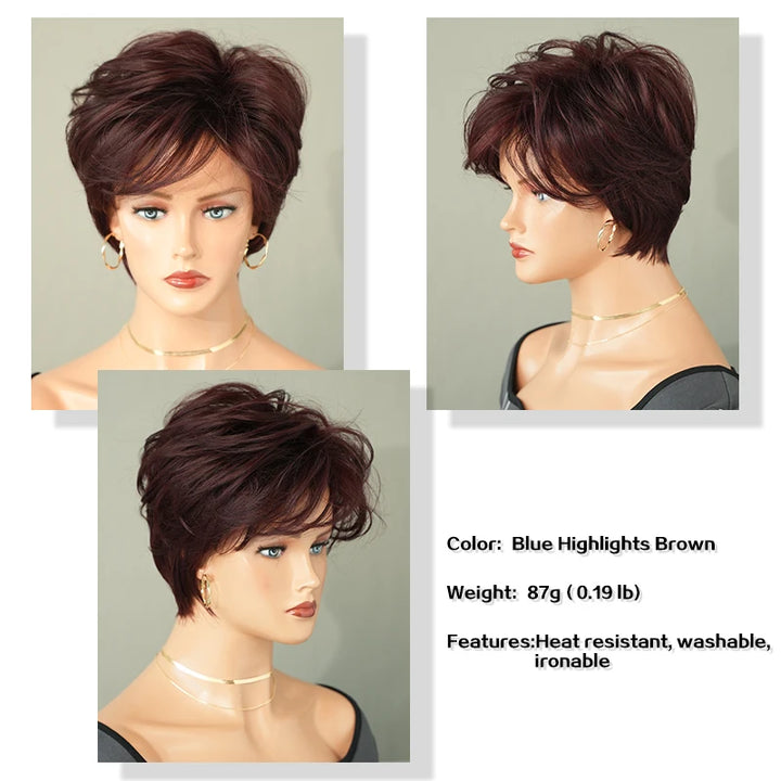 Ombre red pixie cut wig with bangs, cute and natural-looking. Short black and burgundy layered wavy style for women.