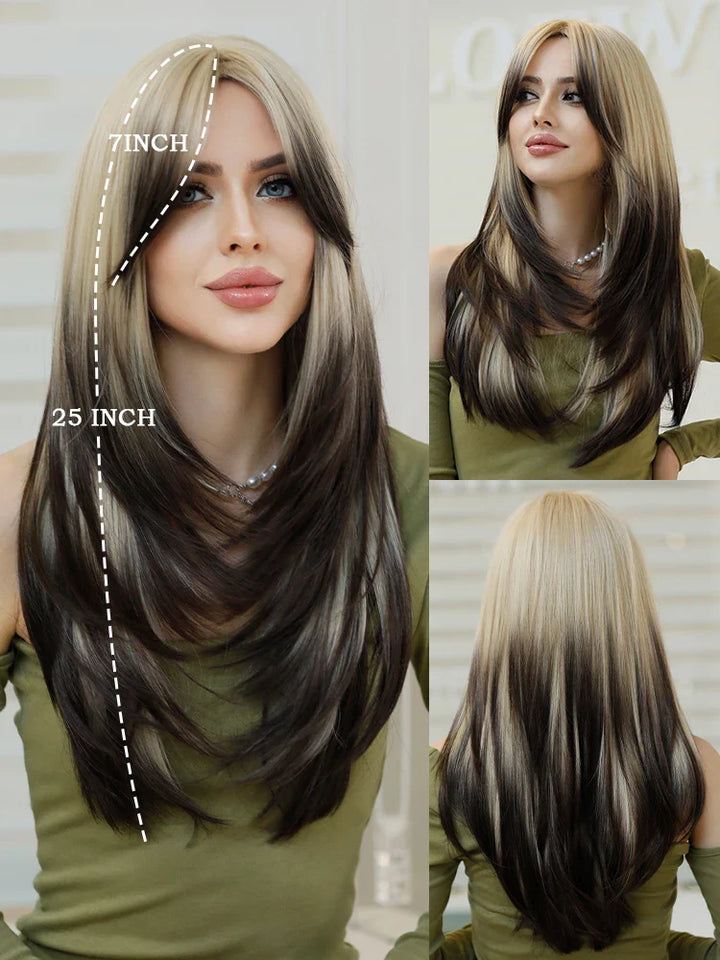 Green Highlight Layered Wig with Curtain Bangs, Synthetic Heat Resistant Hair Wig for Women.