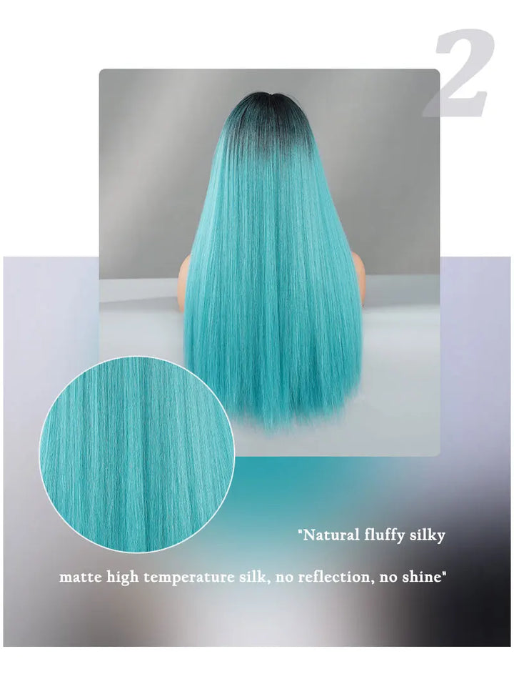 Turquoise Ombre Synthetic Wig with Bangs - Heat Resistant, Bluish Green with Black Roots for a Natural Look.