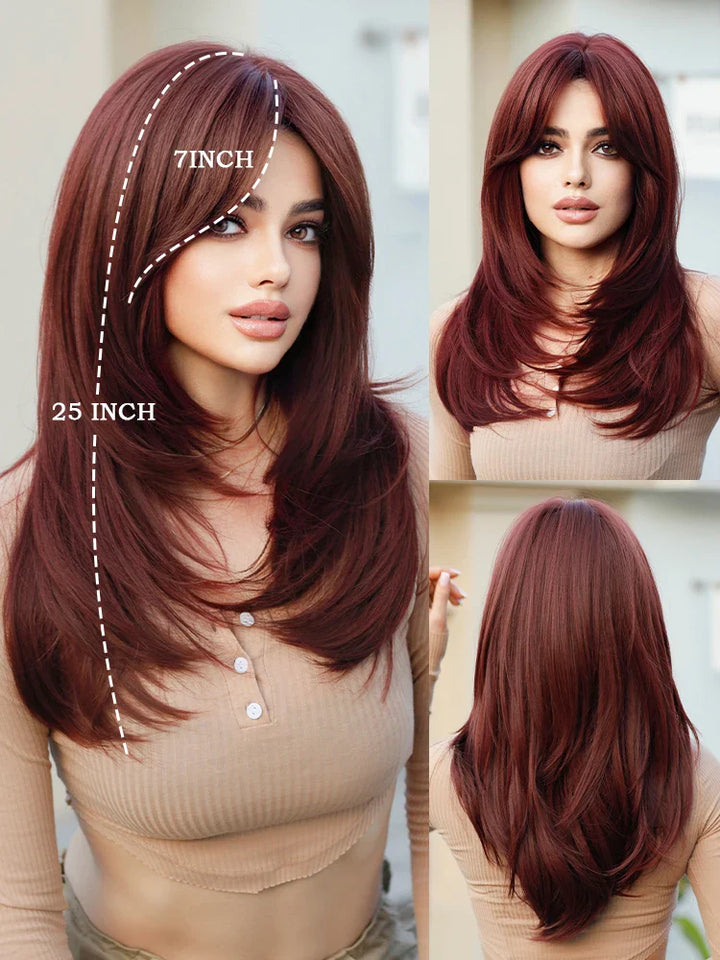 Blonde ombre layered wig with curtain bangs for women. High density heat resistant synthetic hair in dark brown.