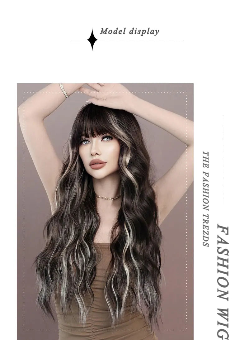 Brown wig with bangs, long wavy style with mixed blonde highlights. Made from natural curly synthetic fiber, resistant to heat. Perfect for daily use by women.
