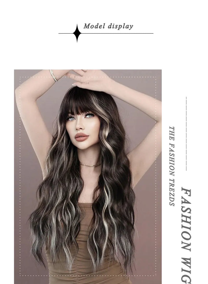 Brown wig with bangs, long wavy style with mixed blonde highlights. Made from natural curly synthetic fiber, resistant to heat. Perfect for daily use by women.