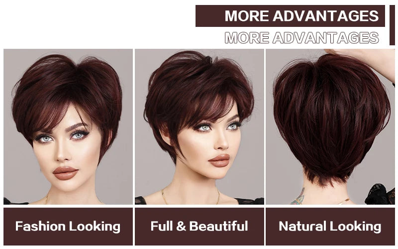 Ombre red pixie cut wig with bangs, cute and natural-looking. Short black and burgundy layered wavy style for women.