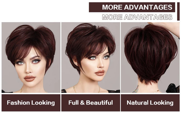 Ombre red pixie cut wig with bangs, cute and natural-looking. Short black and burgundy layered wavy style for women.