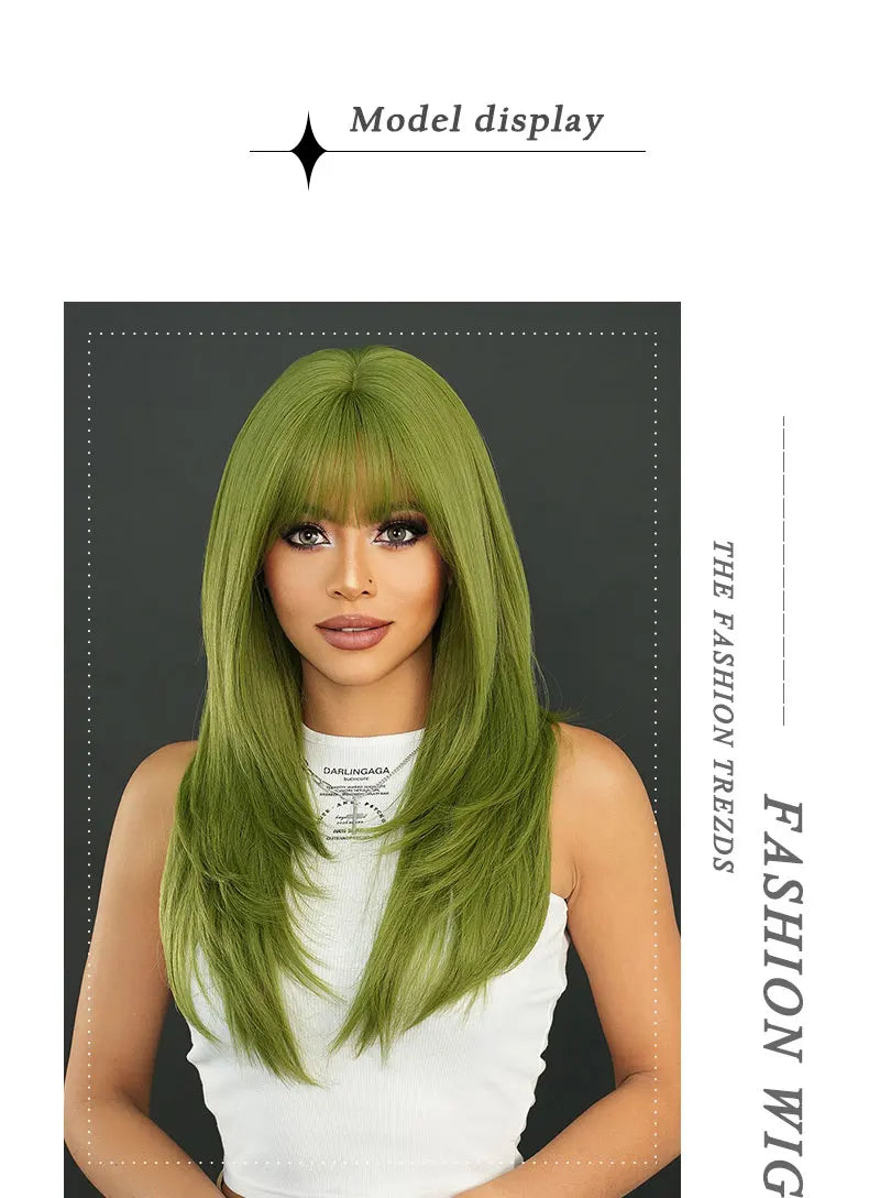 26" Long Wavy Red Layered Wig with Bangs, Synthetic Heat Resistant Hair for Daily Use.
