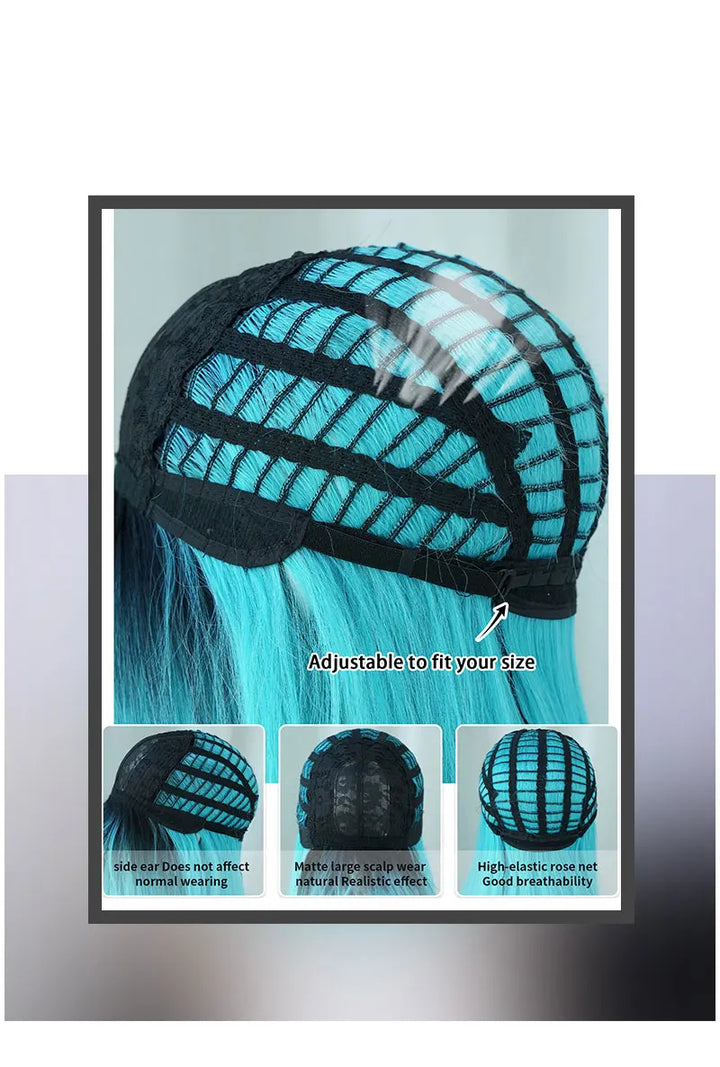 Turquoise Ombre Synthetic Wig with Bangs - Heat Resistant, Bluish Green with Black Roots for a Natural Look.