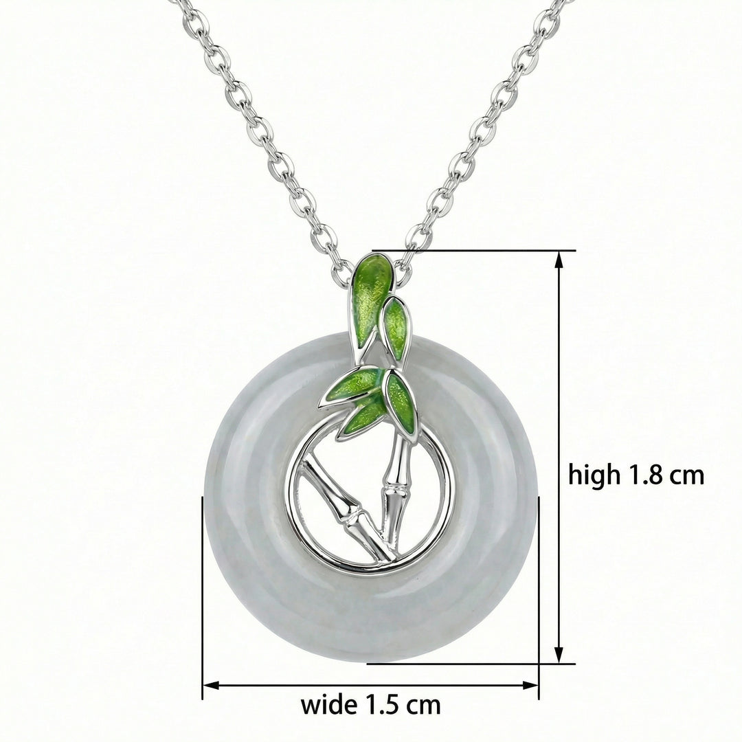 925 Sterling Silver Elegant White Jade Donut Pendant Necklace with Silver Bamboo and Green Enamel Accents