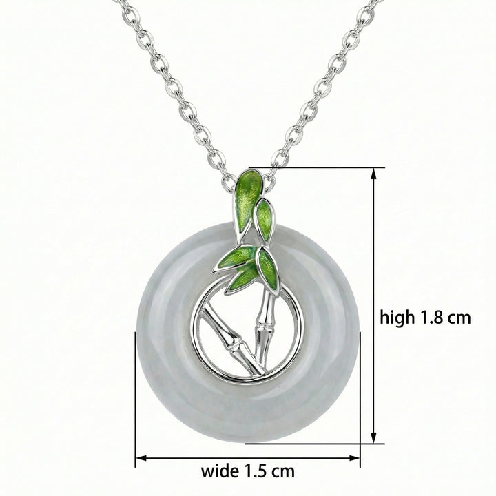 925 Sterling Silver Elegant White Jade Donut Pendant Necklace with Silver Bamboo and Green Enamel Accents