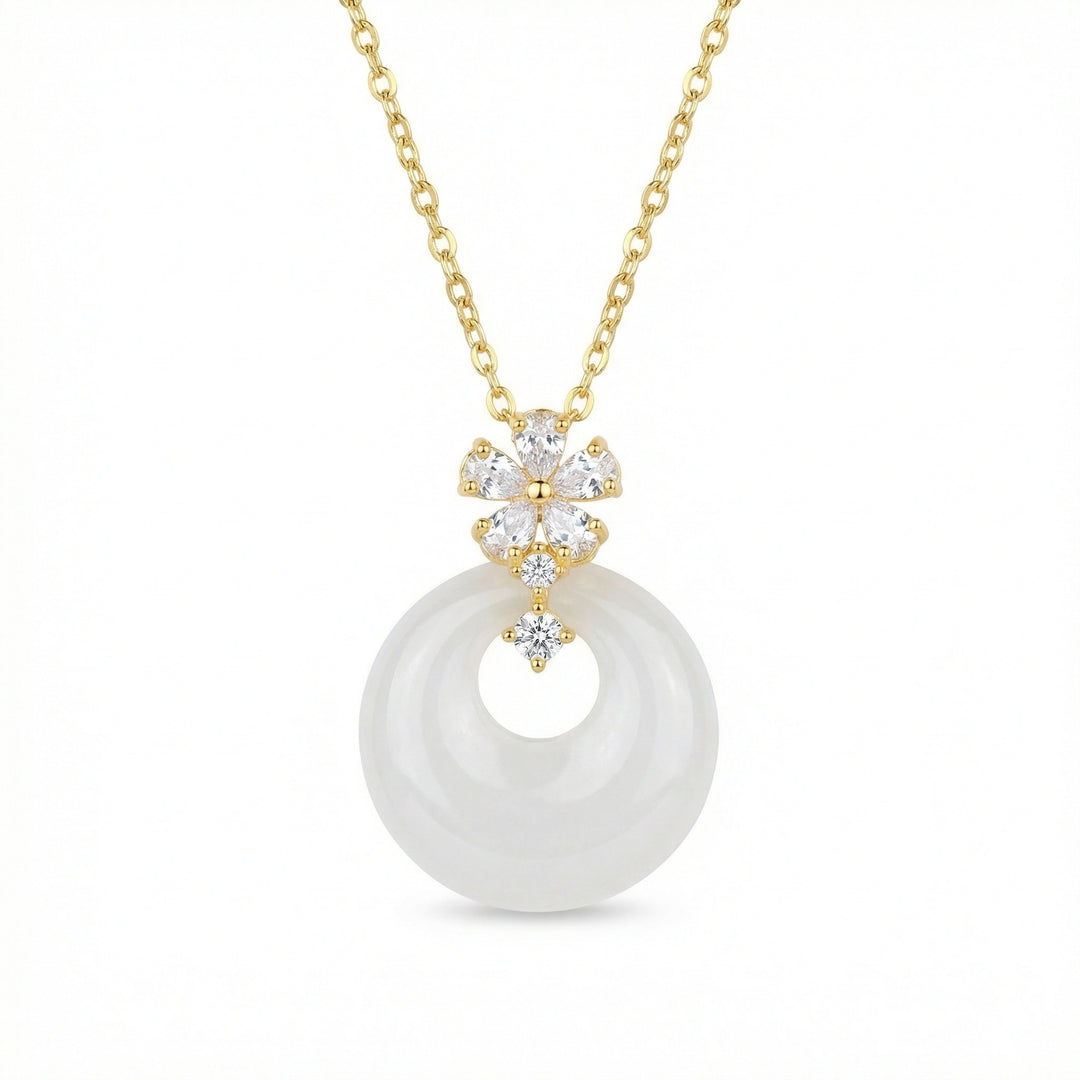 ✨ 925 Sterling Silver White Gemstone Circle Necklace with Flower Motif ✨