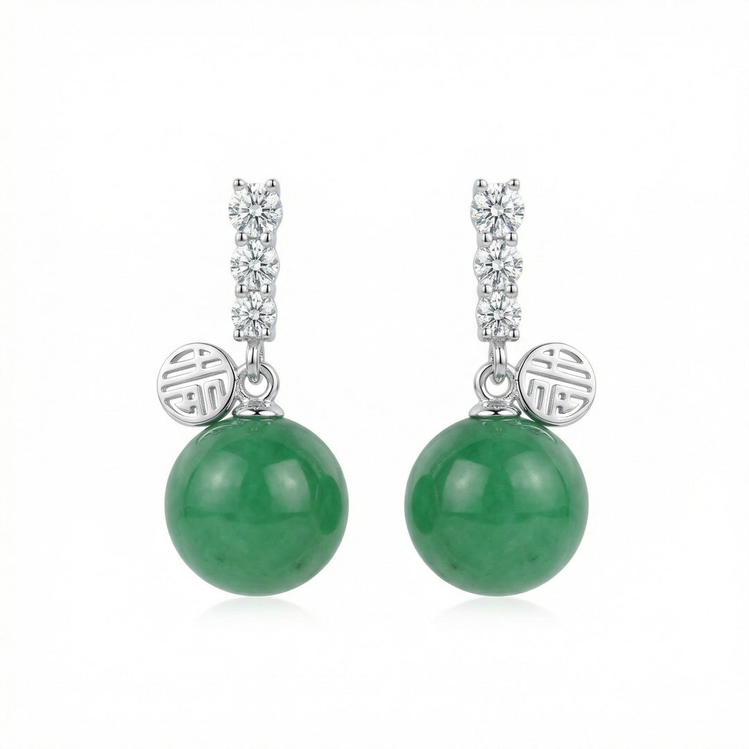 ✨ 925 Sterling Silver Green Jade Sphere Drop Earrings with Fortune Charm Accents ✨