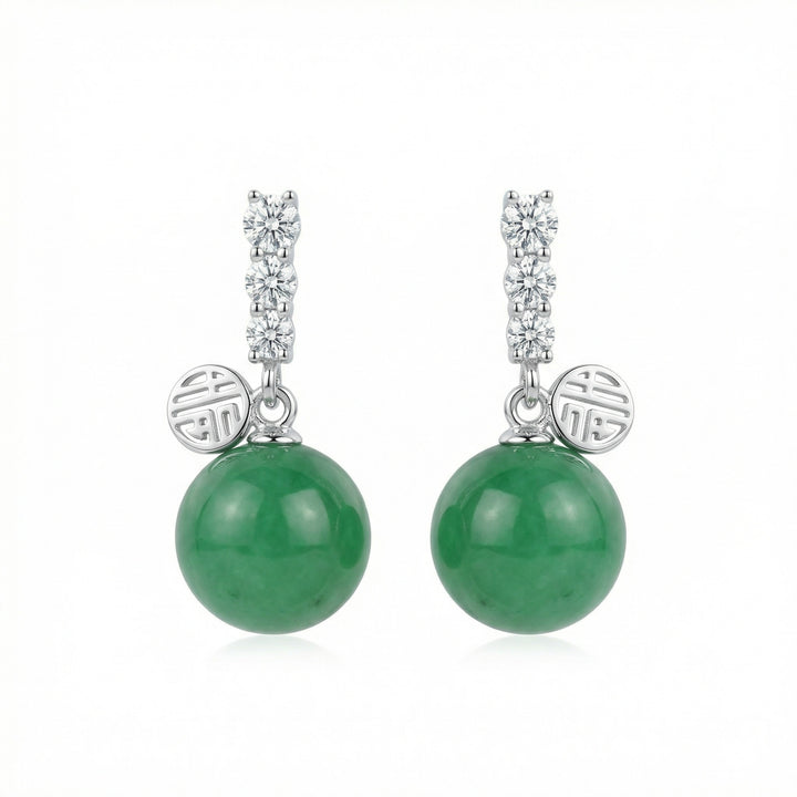 ✨ 925 Sterling Silver Green Jade Sphere Drop Earrings with Fortune Charm Accents ✨