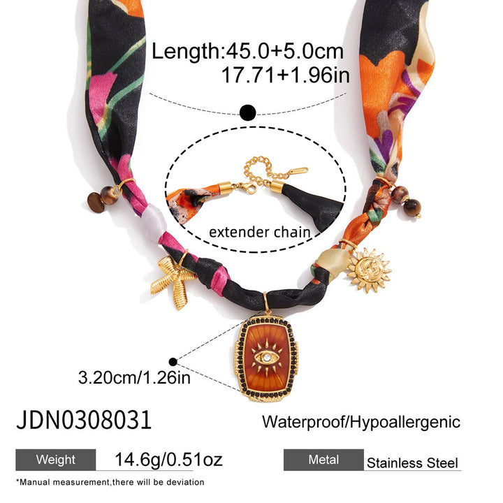 Women’s Stainless Steel Lace-Up Silk Scarf Necklace – Geometric Leopard Print Pendant