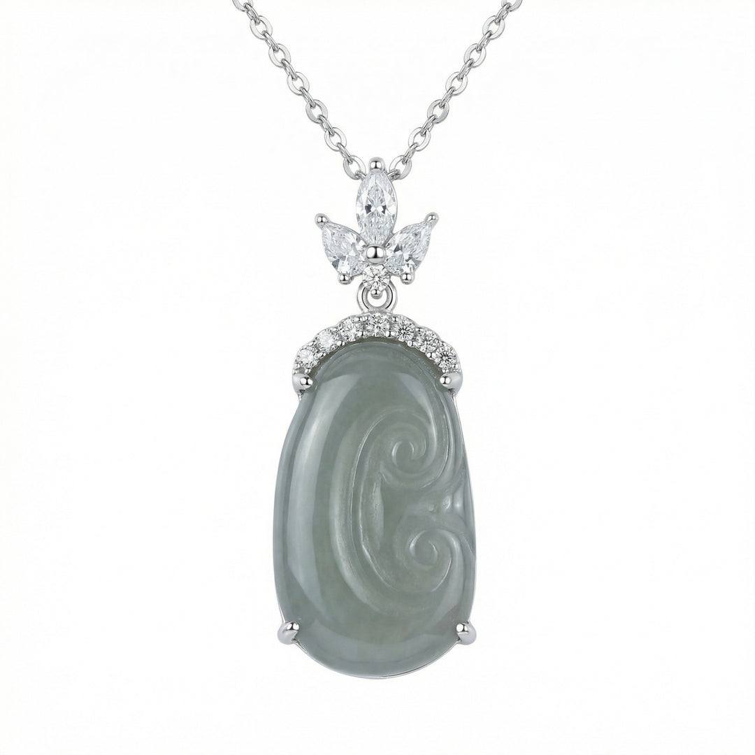 925 Sterling Silver Gray-Green Jade Ruyi Pendant Necklace – Marquise Accent Elegance