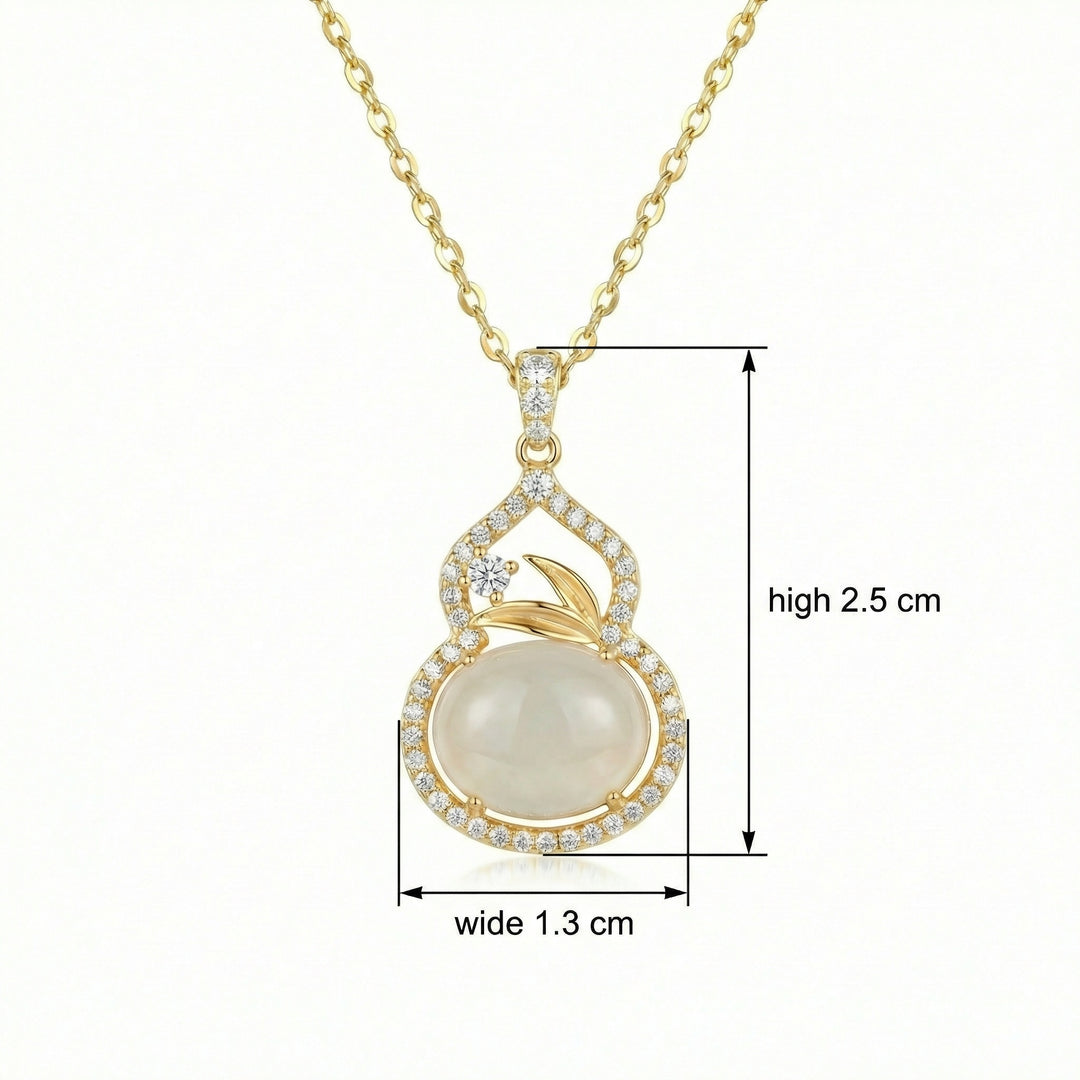 925 Sterling Silver Gourd Pendant Necklace with White Stone, Crystal Halo & Leaf Detail