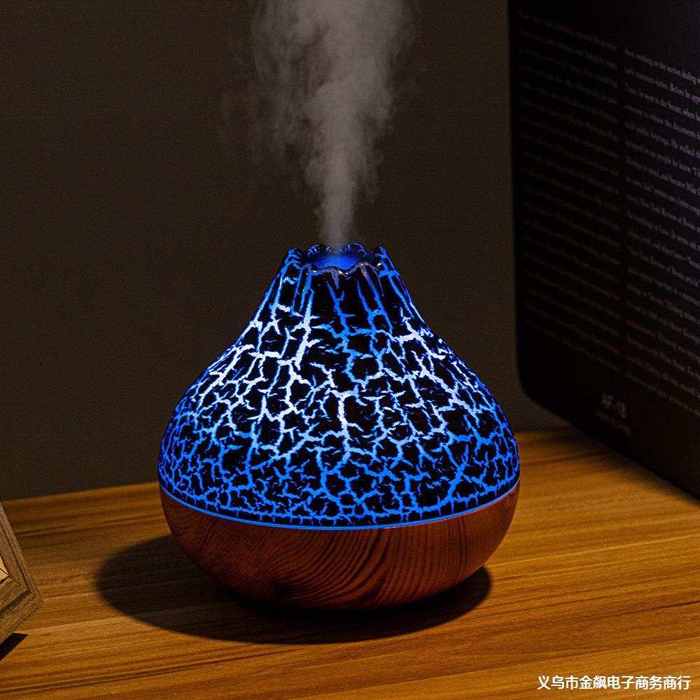 🌋🌈 Volcano Wood Grain Humidifier | 7-Color Ambience Mist Diffuser ✨