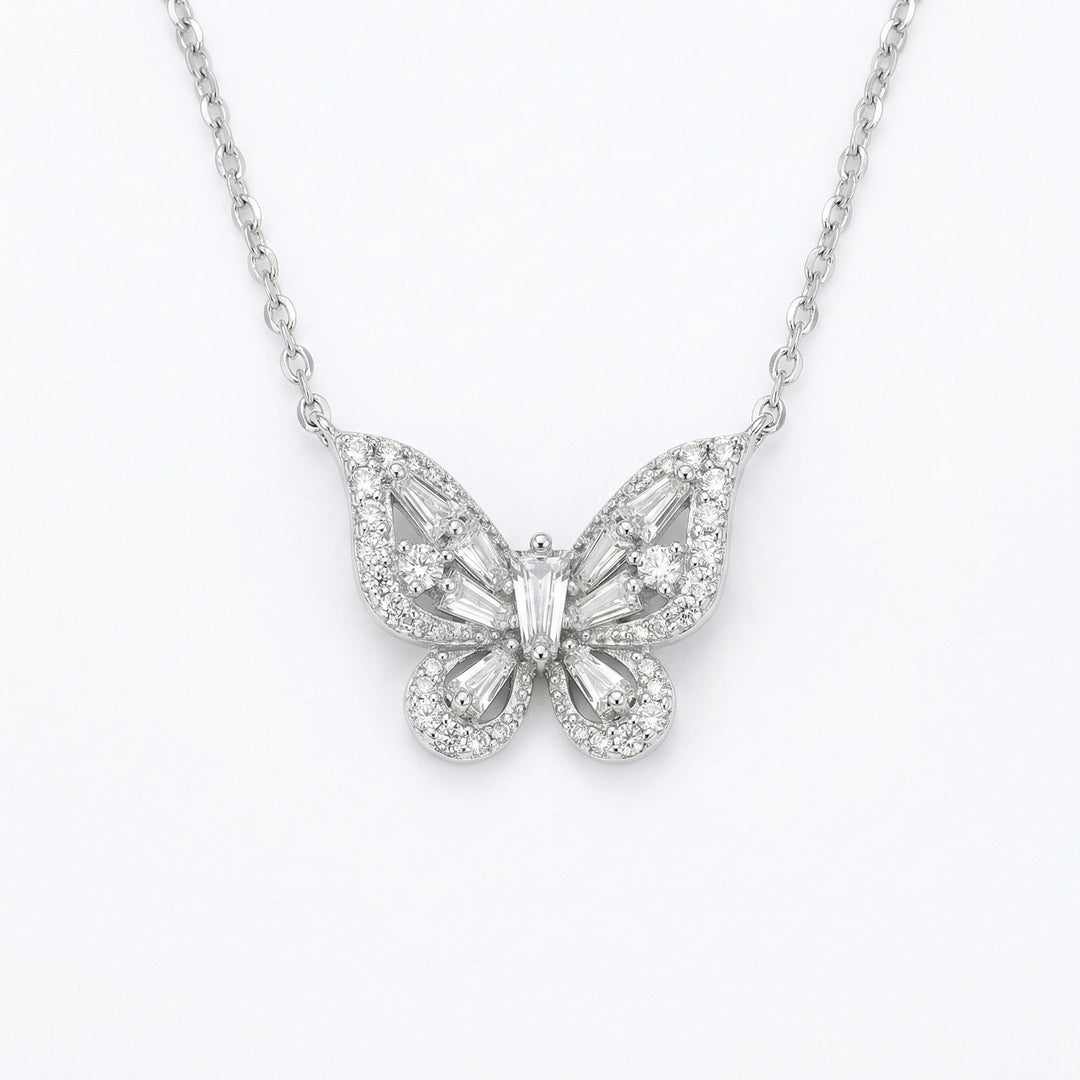 925 Sterling Silver Butterfly Pendant Necklace with Round and Baguette-Cut Sparkling Stones