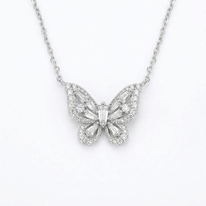 925 Sterling Silver Butterfly Pendant Necklace with Round and Baguette-Cut Sparkling Stones