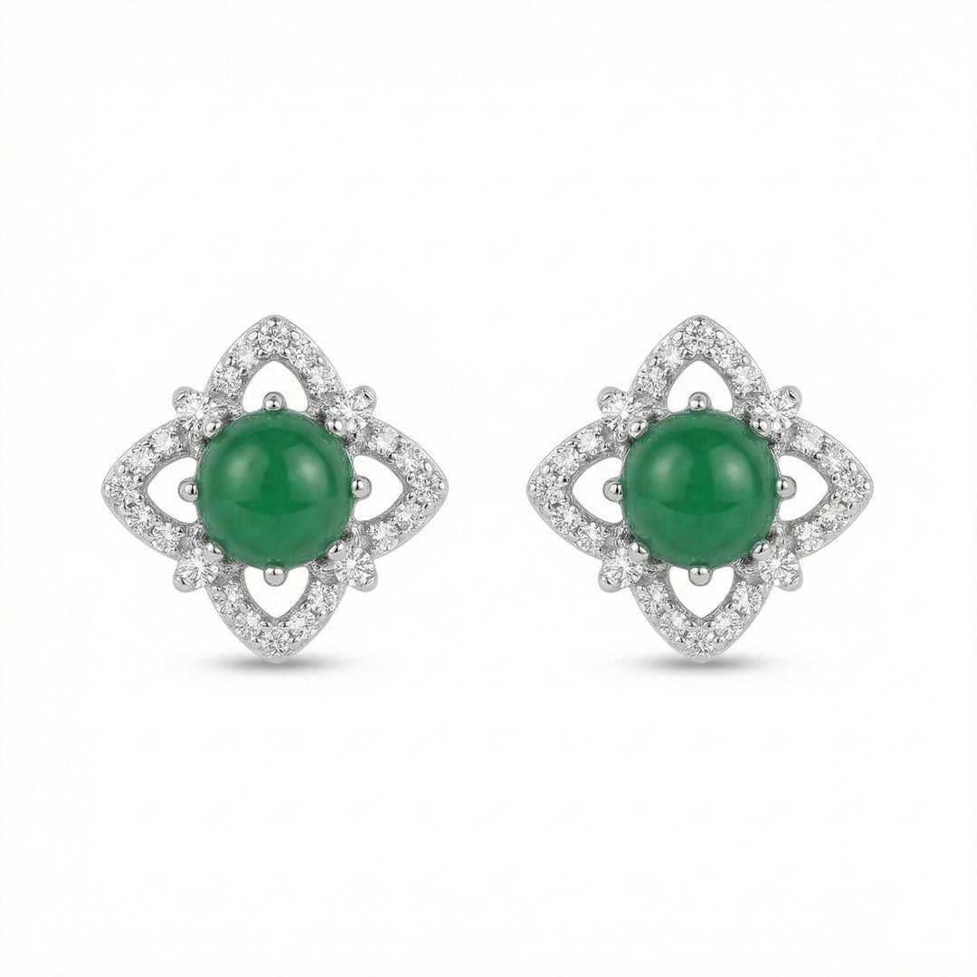 ✨ 925 Sterling Silver Elegant Green Cabochon Floral Stud Earrings with Sparkling Halo ✨