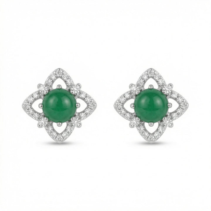 ✨ 925 Sterling Silver Elegant Green Cabochon Floral Stud Earrings with Sparkling Halo ✨