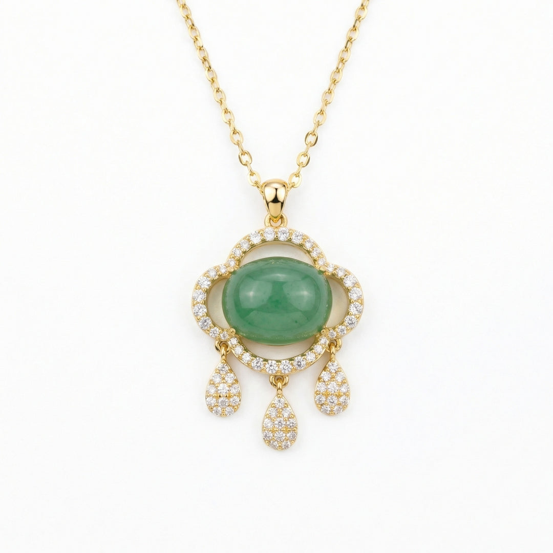 ✨ 925 Sterling Silver Elegant Jadeite Pendant Necklace with Sparkling Accents and Droplet Charms ✨