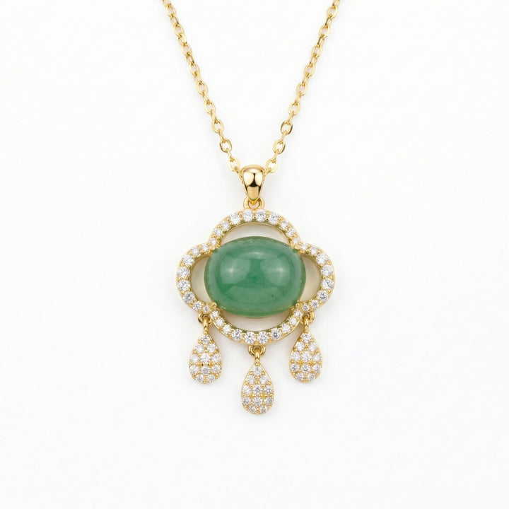 ✨ 925 Sterling Silver Elegant Jadeite Pendant Necklace with Sparkling Accents and Droplet Charms ✨