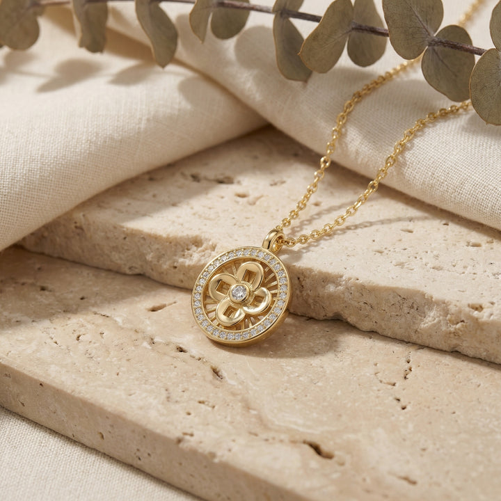 925 Sterling Silver Openwork Four-Petal Flower Medallion Necklace with Pavé Gemstone Halo