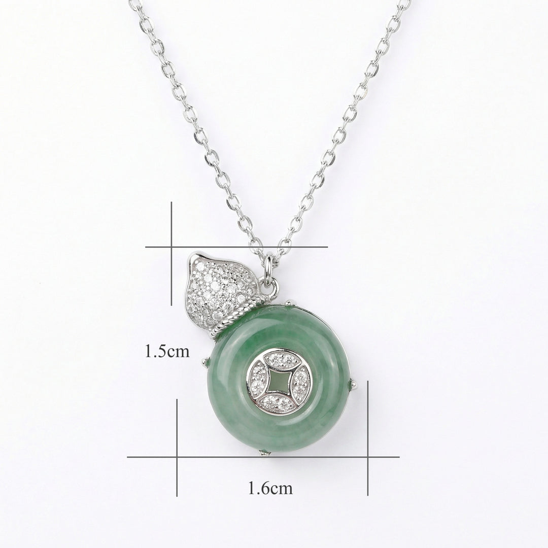 925 Sterling Silver Elegant Jadeite Calabash & Coin Pendant Necklace with Diamond Accents