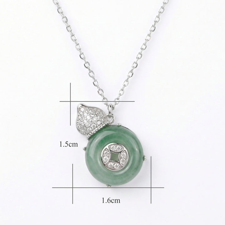 925 Sterling Silver Elegant Jadeite Calabash & Coin Pendant Necklace with Diamond Accents