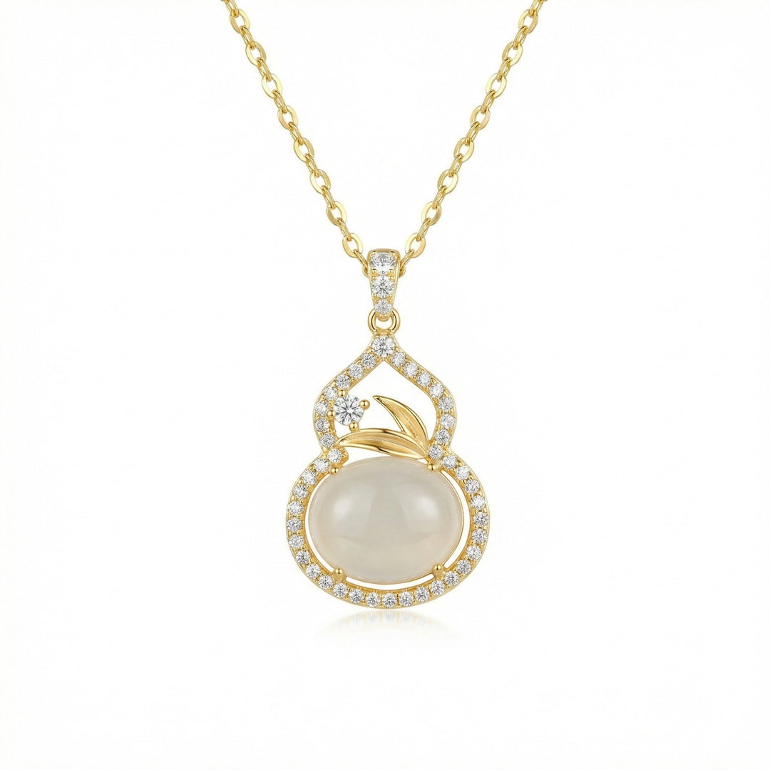 925 Sterling Silver Gourd Pendant Necklace with White Stone, Crystal Halo & Leaf Detail