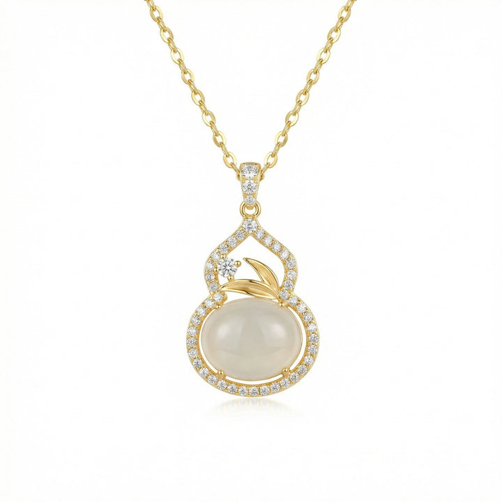 925 Sterling Silver Gourd Pendant Necklace with White Stone, Crystal Halo & Leaf Detail