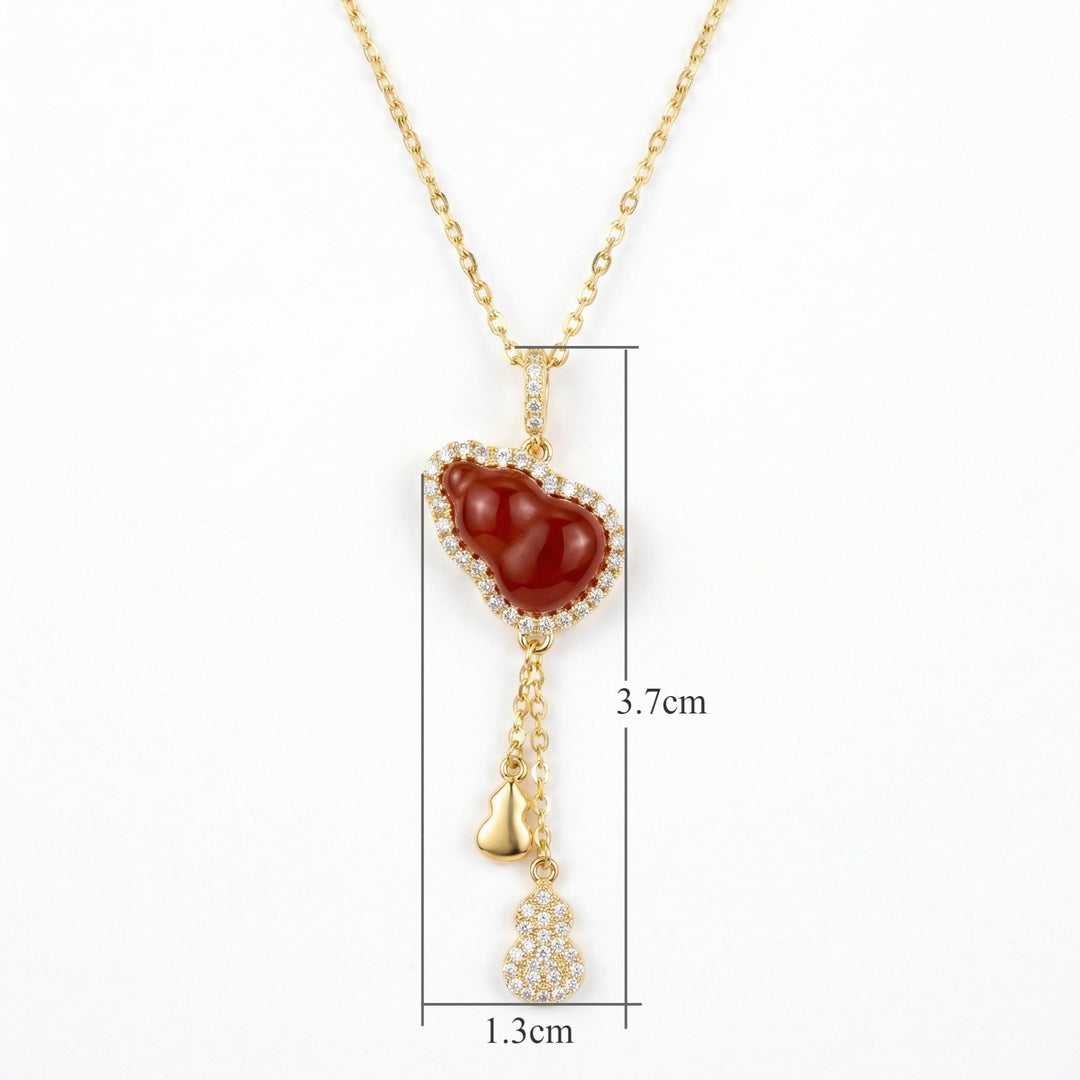 ✨ 925 Sterling Silver Red Carnelian Gourd Necklace with Sparkling Accents and Charms ✨