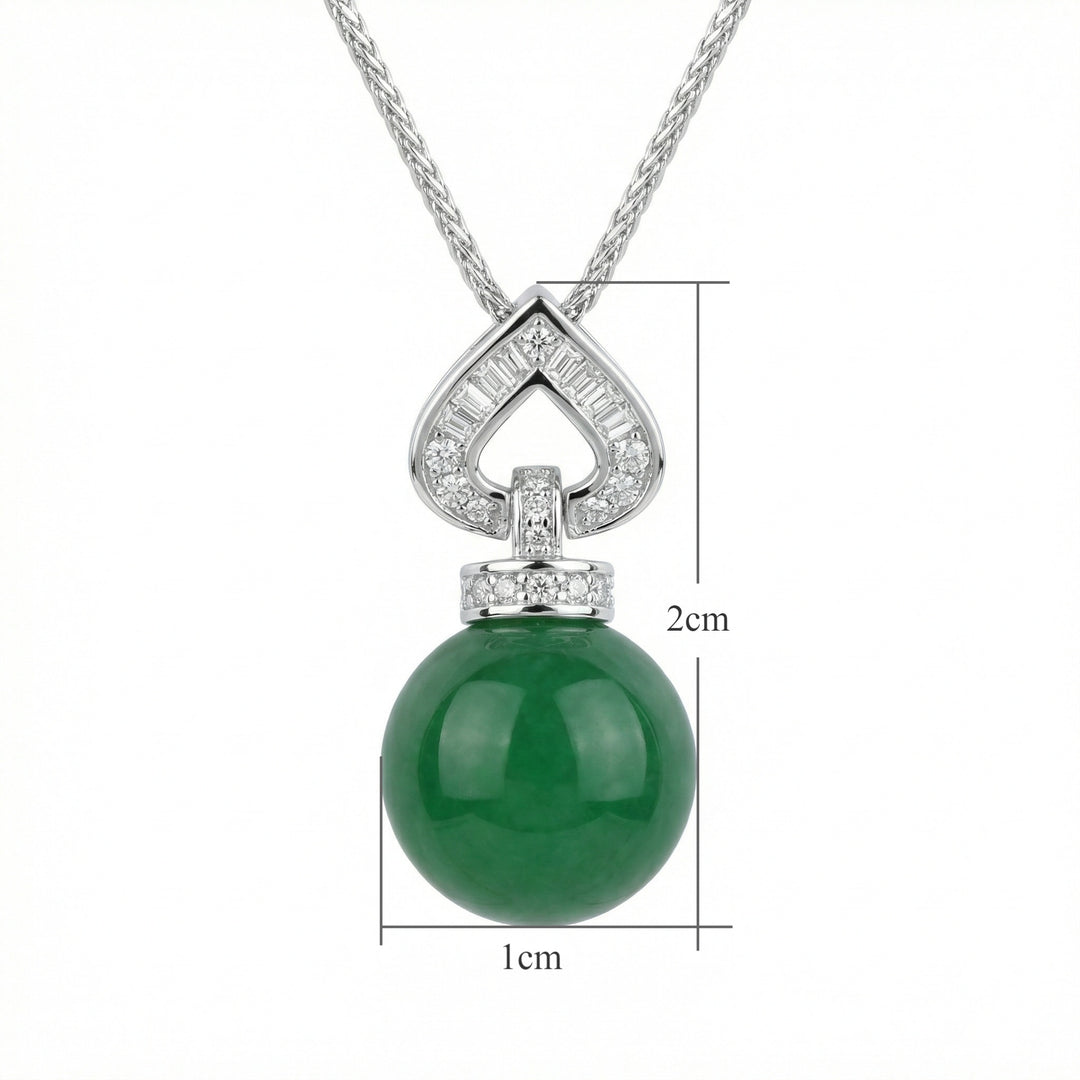 925 Sterling Silver Elegant Green Jade Sphere Pendant Necklace with Heart-Shaped Diamond Accents
