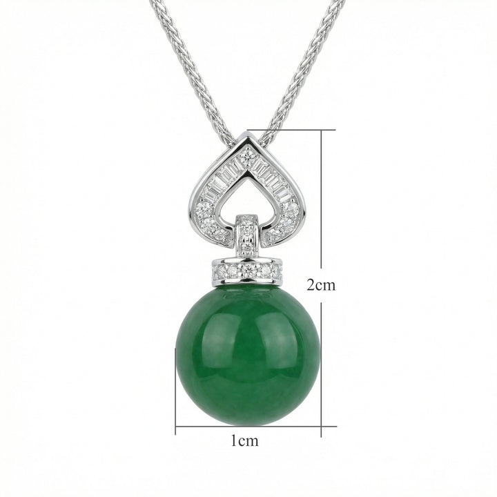 925 Sterling Silver Elegant Green Jade Sphere Pendant Necklace with Heart-Shaped Diamond Accents
