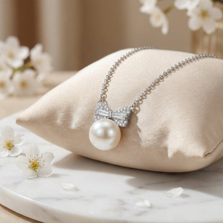🎀 925 Sterling Silver Elegant Pearl Bow Pendant Necklace with Shimmering Diamonds 🎀