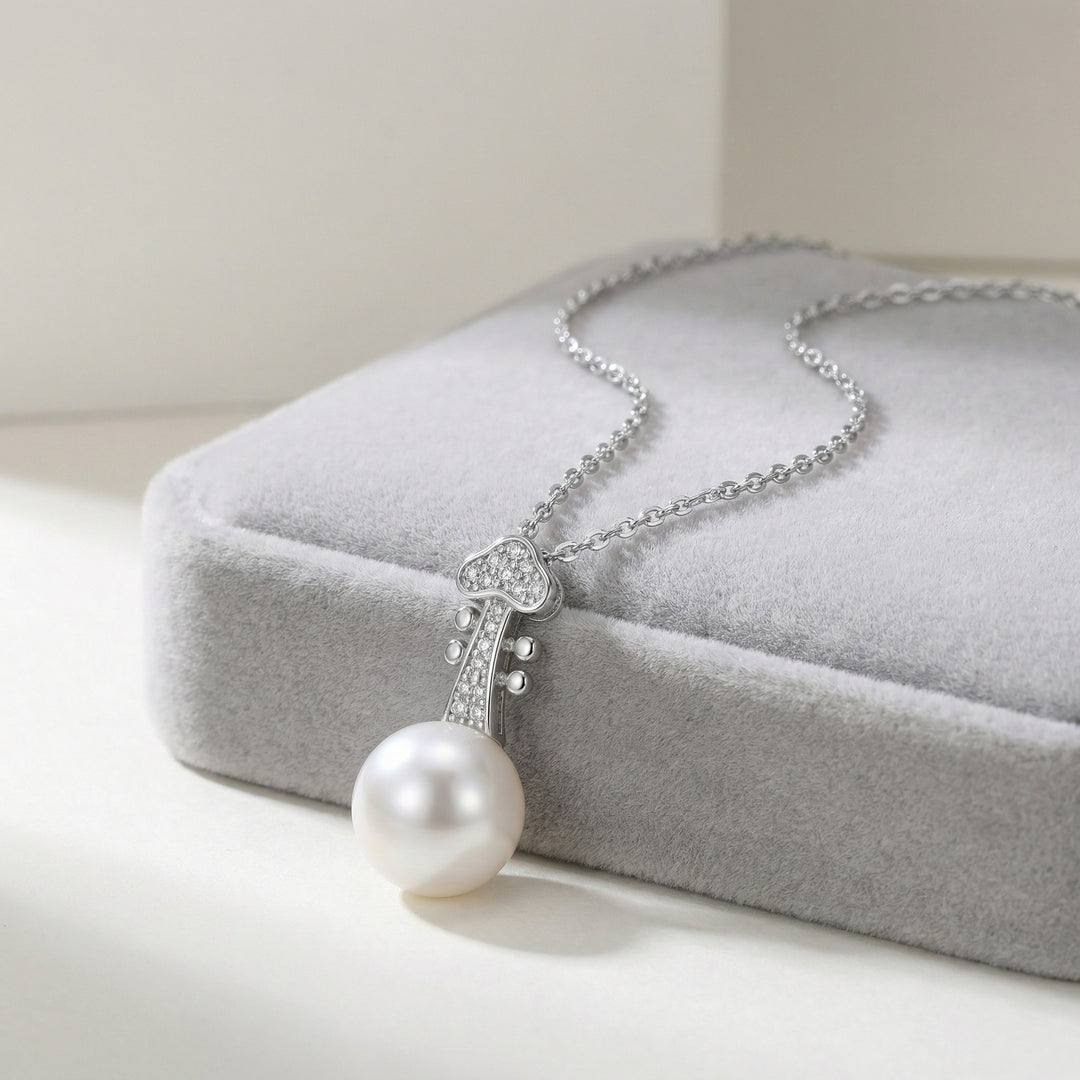 🎻 925 Sterling Silver Elegant Violin Scroll Pearl Pendant Necklace with Sparkling Accents 🎻