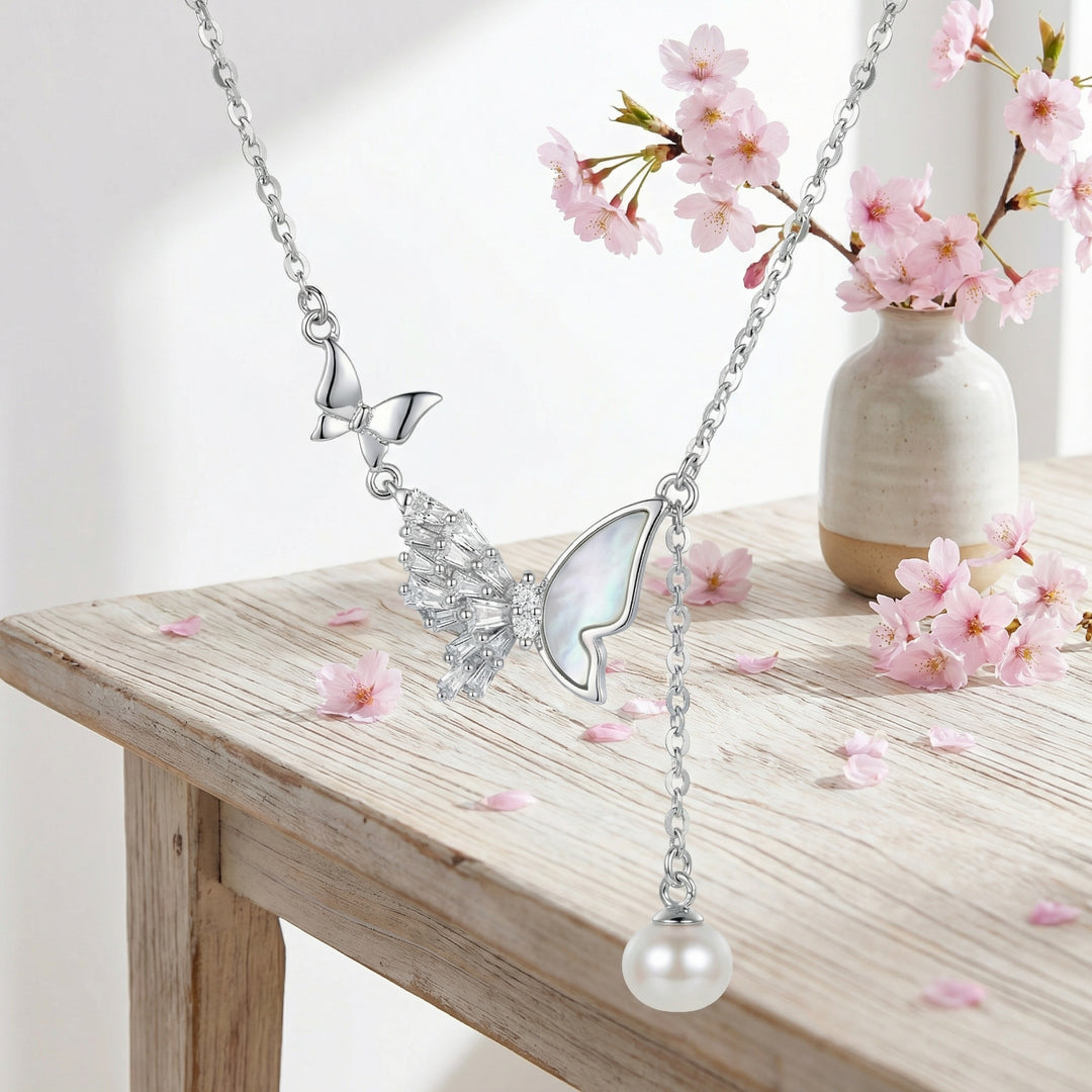 🦋 925 Sterling Silver Butterfly Pearl Necklace
