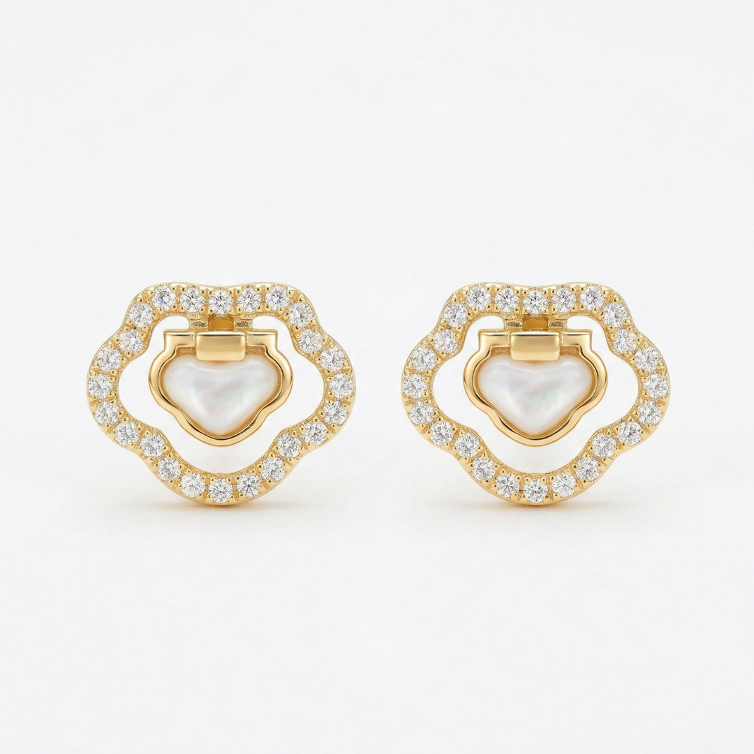 ✨ 925 Sterling Silver Heart-Shaped Mother-of-Pearl & Diamond Ruyi Stud Earrings ✨