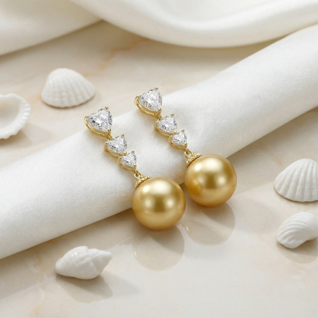 ✨ 925 Sterling Silver Graduated Heart Diamond & South Sea Pearl Drop Earrings ✨