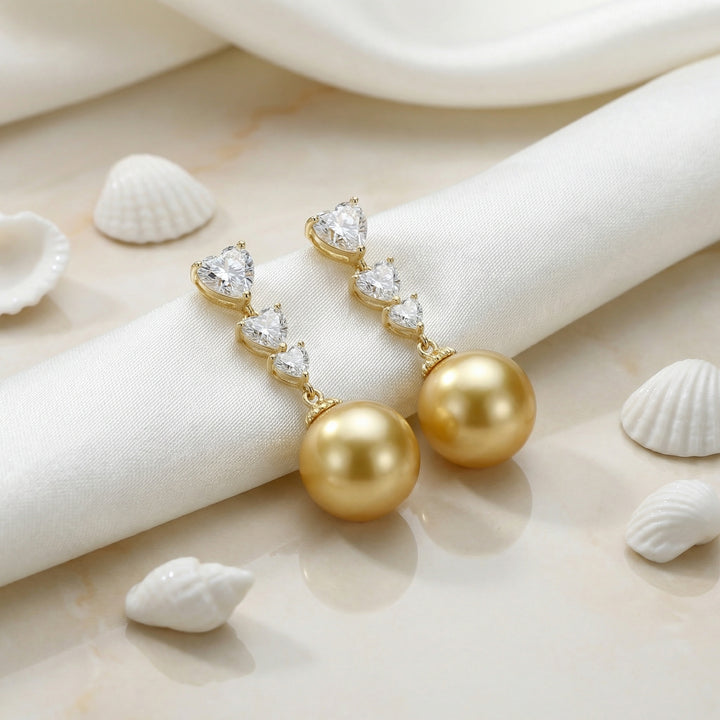 ✨ 925 Sterling Silver Graduated Heart Diamond & South Sea Pearl Drop Earrings ✨