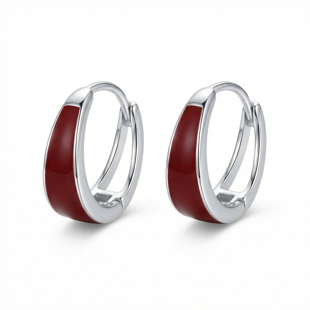 ✨ 925 Sterling Silver Huggie Hoop Earrings with Deep Red Enamel Inlay ✨