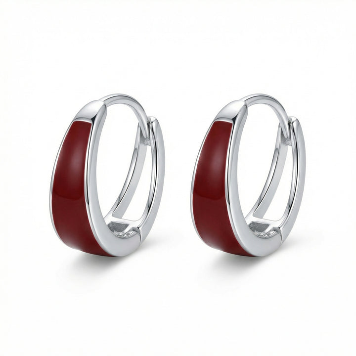 ✨ 925 Sterling Silver Huggie Hoop Earrings with Deep Red Enamel Inlay ✨