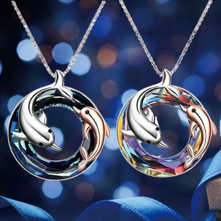 Women’s Colorful Circle Crystal Dolphin Pendant Necklace – Stylish Alloy Jewelry