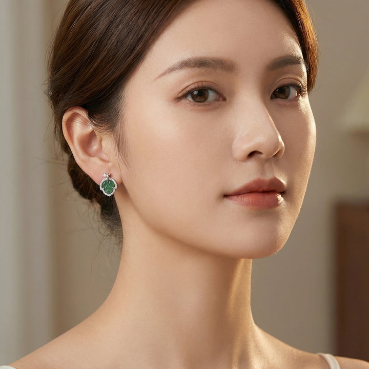 925 Sterling Silver Carved Green Jade Leaf Stud Earrings with Sparkling Halo Accents