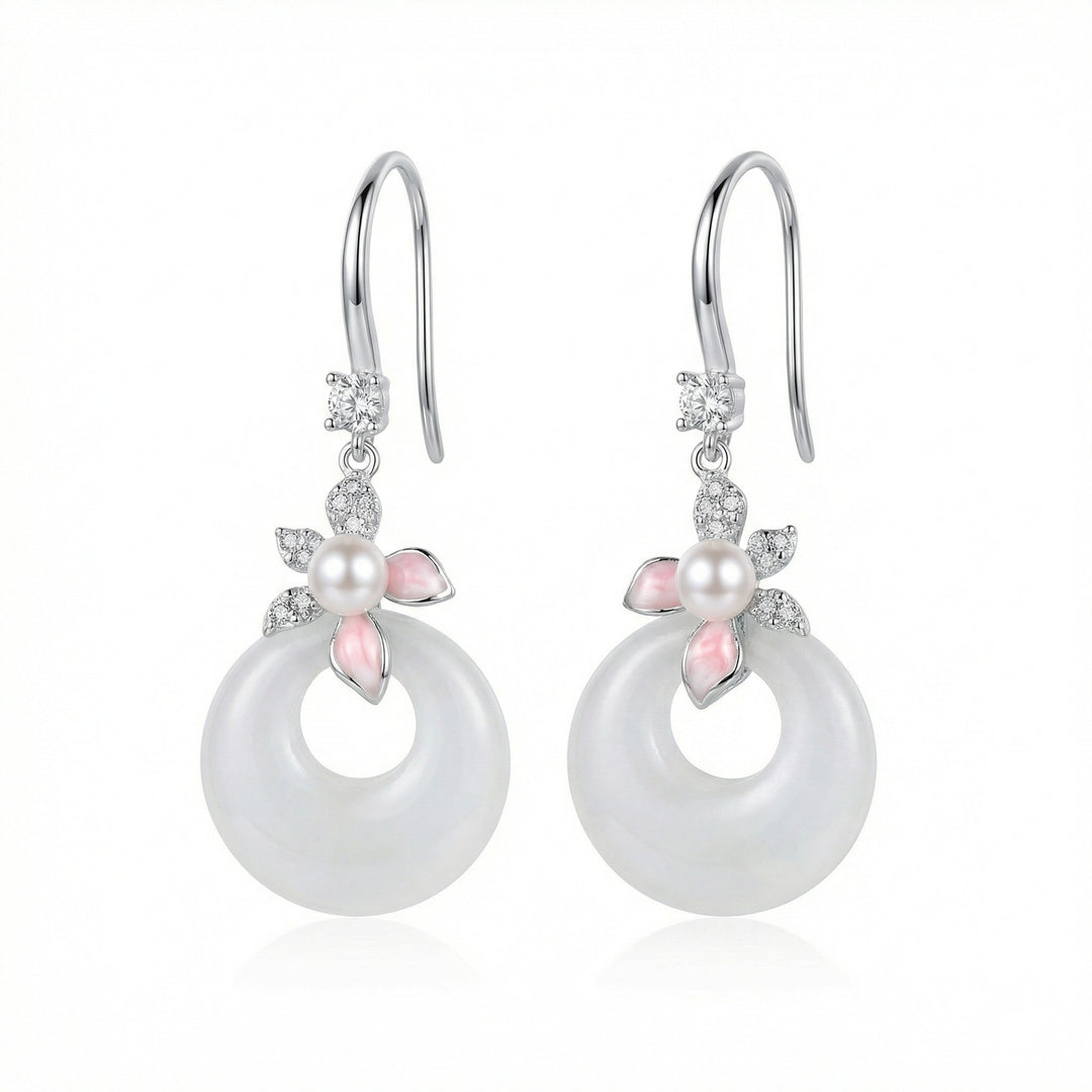925 Sterling Silver Elegant White Jade and Pearl Floral Drop Earrings in Sterling Silver
