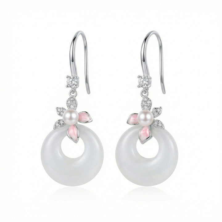 925 Sterling Silver Elegant White Jade and Pearl Floral Drop Earrings in Sterling Silver