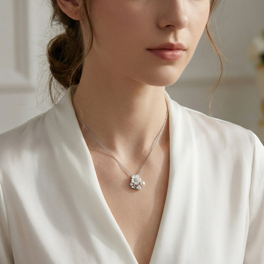 925 Sterling Silver Mother-of-Pearl Flower Necklace with Pearl, Crystal Accents & Butterfly Charm