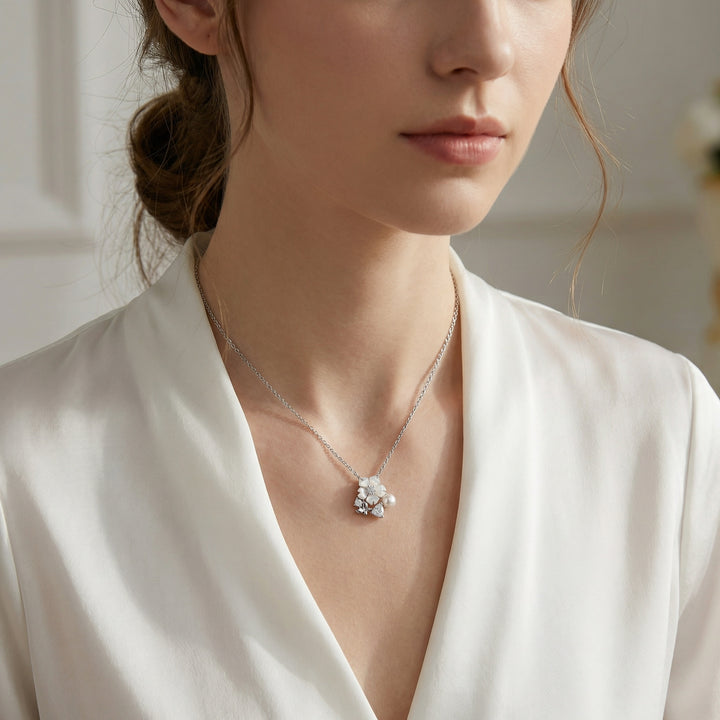 925 Sterling Silver Mother-of-Pearl Flower Necklace with Pearl, Crystal Accents & Butterfly Charm