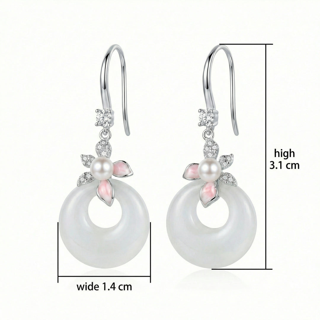 925 Sterling Silver Elegant White Jade and Pearl Floral Drop Earrings in Sterling Silver