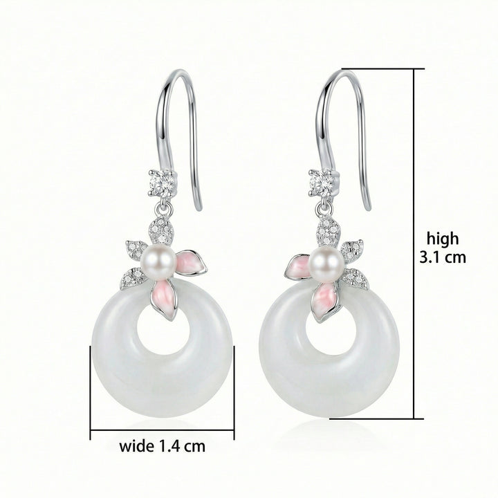 925 Sterling Silver Elegant White Jade and Pearl Floral Drop Earrings in Sterling Silver